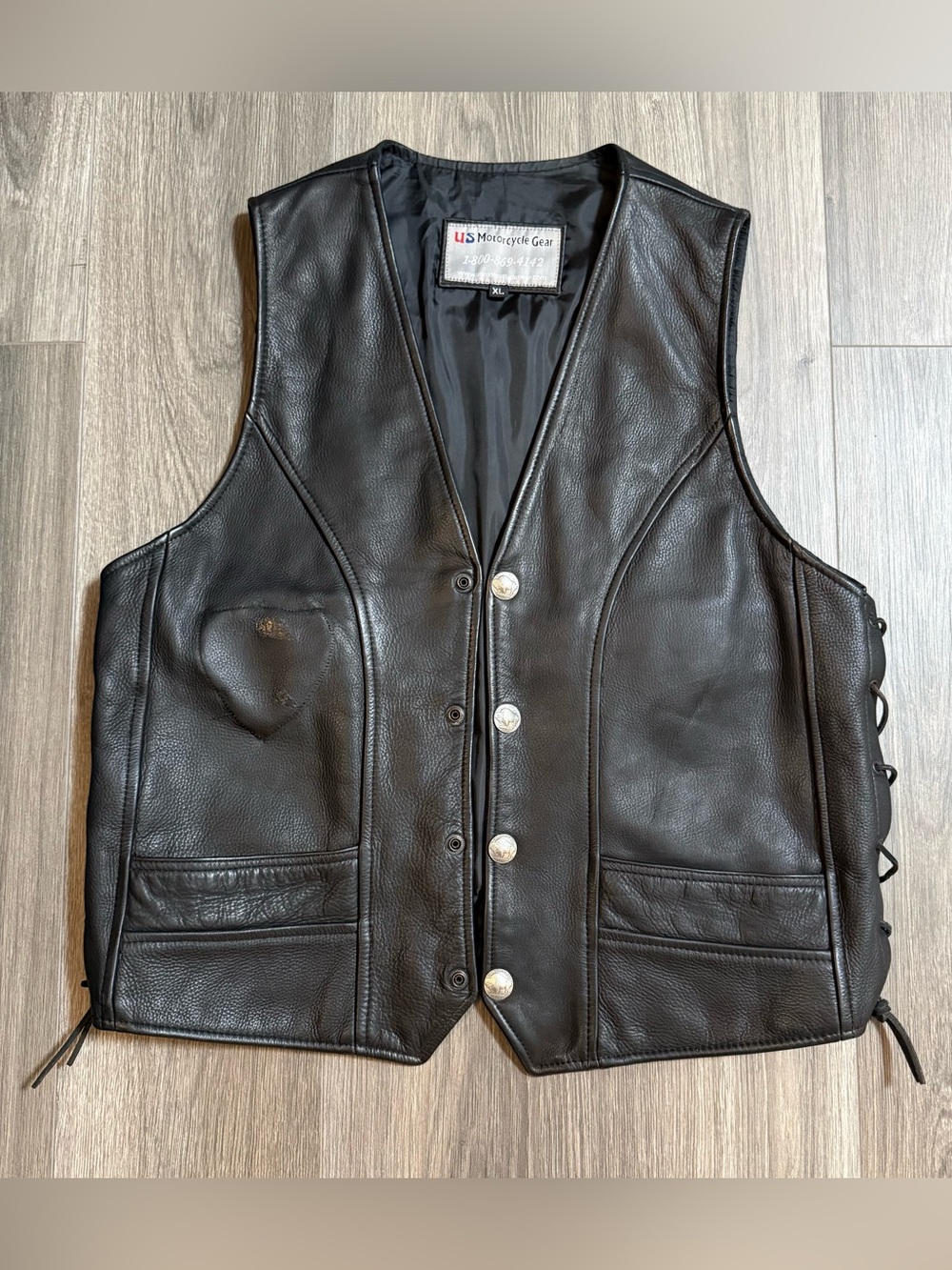 U.S. Motorcycle Gear 100% Genuine Leather Snap Front Moto Vest Size XL Lace Up